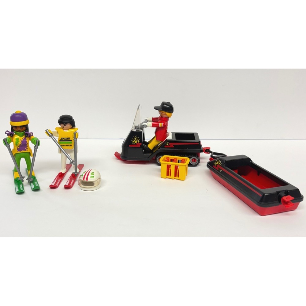 Vintage Playmobil Winter Sports Lot Skiers Snowmobile and Trailer Figures